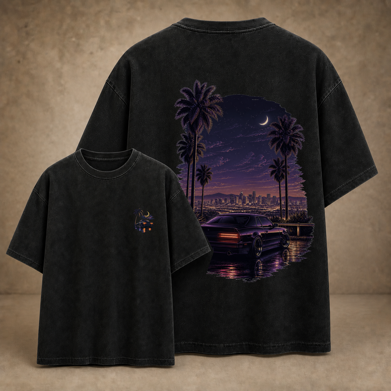 SoCal night washed-black T-shirt with a large back print and smaller front view