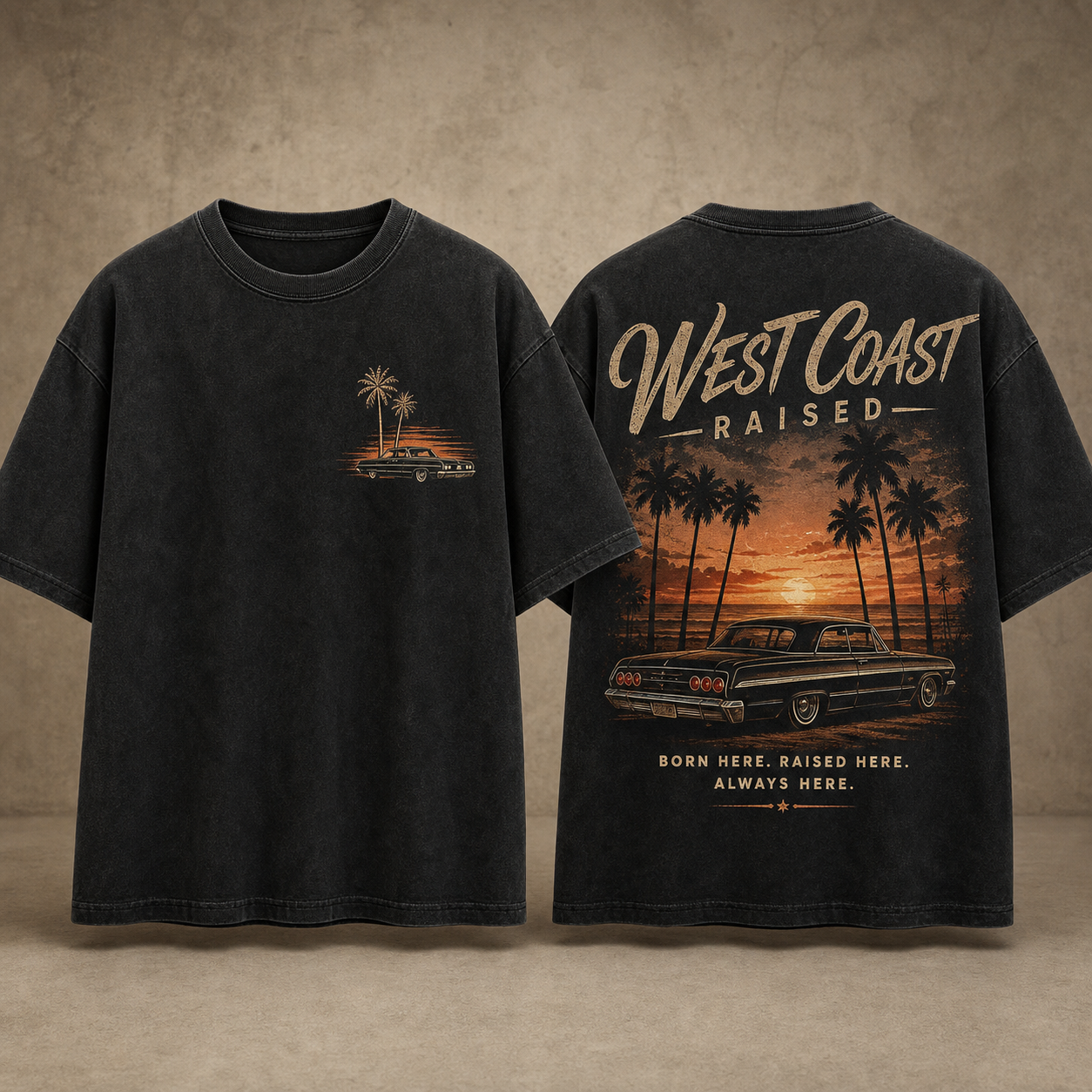 West Coast Raised washed black streetwear T-shirt, front and back